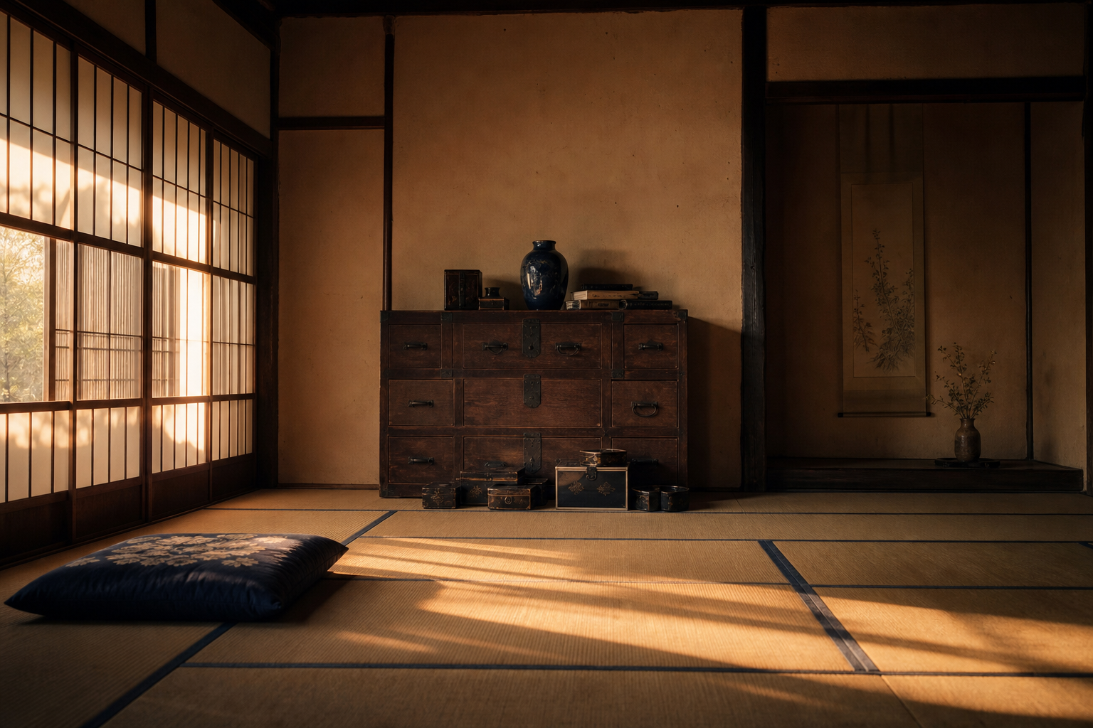 夕暮れの光が差し込む和室