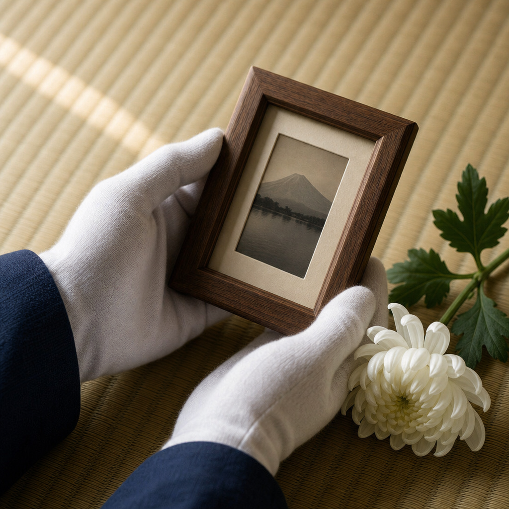 白手袋で写真立てを持つ手と白い菊