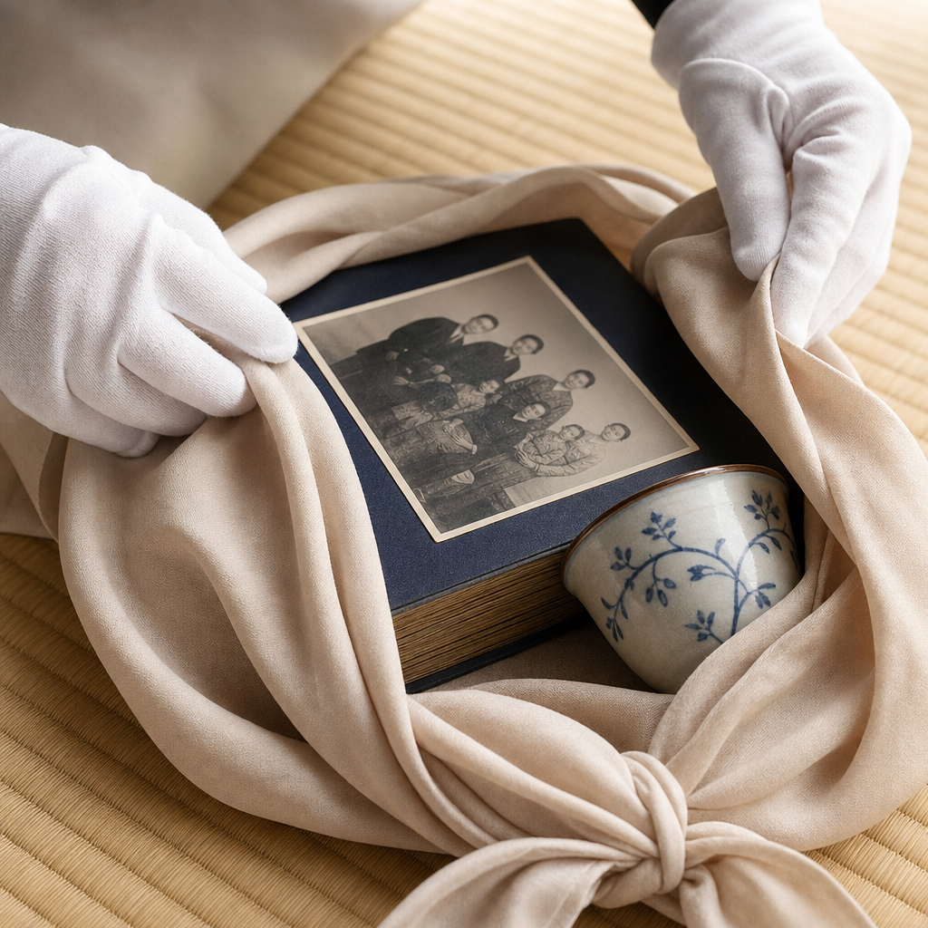 白手袋でご遺品の写真をていねいに包む様子