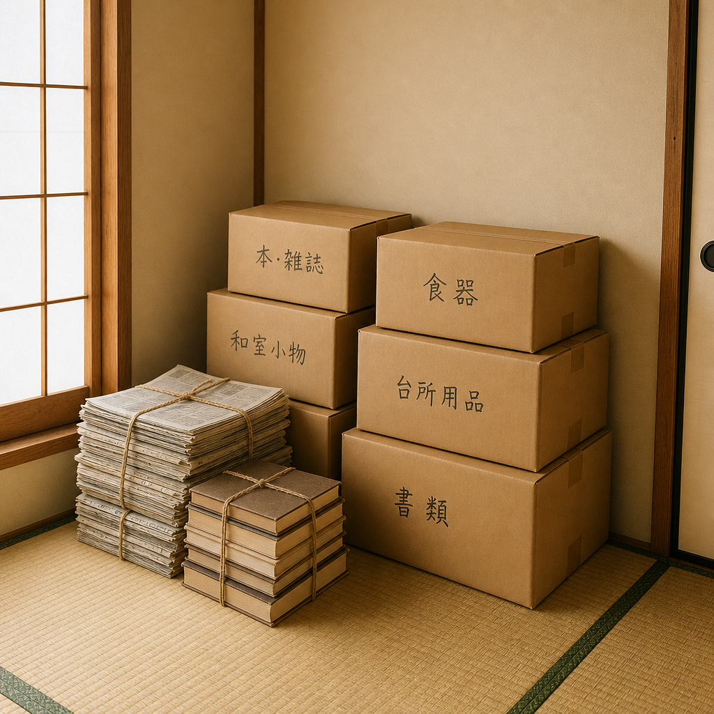 仕分けされた段ボール箱と書類の束